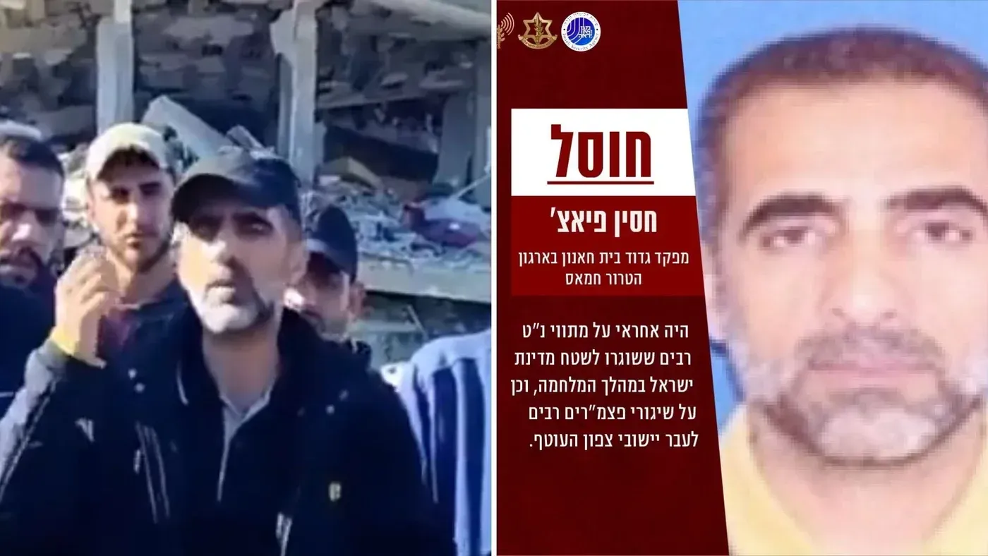 حسين فياض، قائد كتيبة بيت حانون التابعة لحماس، يتحدث في جنازة بشمال غزة وسط أنقاض مبنى مدمر.