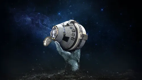 يد تحمل مركبة فضائية مأهولة من طراز Starliner لشركة Boeing في الفضاء، تعبيراً عن تحديات NASA في تطوير بدائل لـ Crew Dragon.
