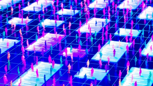 وكلاء ذكاء اصطناعي ملونون يتنقلون في شبكة افتراضية تمثل بيئة محاكاة تفاعلية لاختبار سلوكهم الاجتماعي والجرمي في منصة Emergence World.