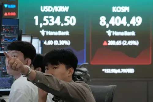 تداولات في سوق الأسهم الكورية الجنوبية، مع ظهور بيانات مؤشر Kospi وUSD/KRW، حيث يظهر أحد المتداولين في الخلفية.