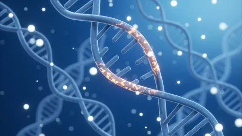تمثيل ثلاثي الأبعاد لسلسلة الحمض النووي مع علامات ميثيل متوهجة، توضح دور الميثيلوم في قياس العمر البيولوجي وتسريع شيخوخة الكلاب الكبيرة.