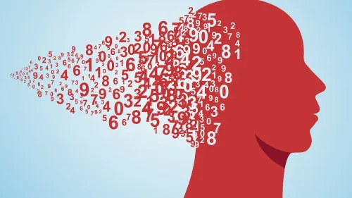 رسم توضيحي لرأس إنسان مليء بأرقام متداخلة تعبر عن تنظيم الدماغ للكسور والأعداد الصحيحة على خريطة ذهنية مشتركة.
