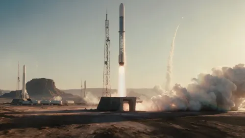 صاروخ Big Iron من Cowboy Space يقلع من منصة إطلاق في صحراء مع سحب دخان كثيفة، ضمن خطة إطلاق 20,000 قمر اصطناعي لمراكز بيانات الذكاء الاصطناعي.