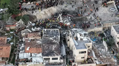 مشهد جوي لدمار كبير في منطقة سكنية بعد الهجمات، حيث يتجمع رجال الإنقاذ والشرطة بين الأنقاض، مما يعكس تأثير الصراع في المنطقة.