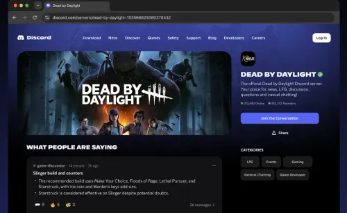 واجهة خادم Discord عام للعبة Dead by Daylight تعرض نقاشات ورسائل قابلة للبحث ضمن خوادم عامة على المنصة.