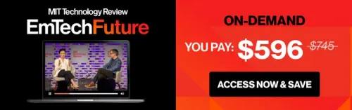 شاشة تعرض عرض مؤتمر EmTech Future 2026 مع سعر الاشتراك 596 دولارًا للوصول إلى محتوى الذكاء الاصطناعي والتقنية حسب الطلب.