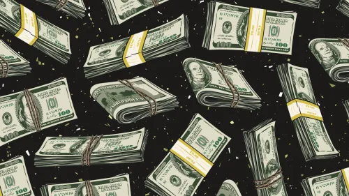 أكوام من أوراق الدولار الأمريكي المتراصة مع خلفية سوداء تعبر عن تدفق الأموال والاستثمارات الكبيرة في قطاع الذكاء الاصطناعي من قبل مكاتب العائلات الثرية.