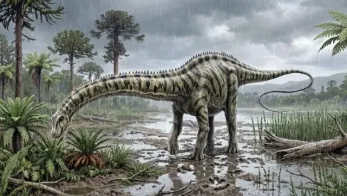 ديناصور Diplodocus العملاق ذو العنق الطويل يمشي في بيئة مستنقعية مطرية في شرق إسبانيا خلال العصر الجوراسي.