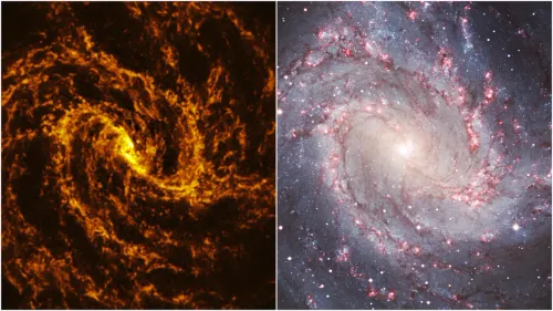 مجرّة M83 تظهر بتفاصيل مختلفة بين صورة الضوء المرئي التي تكشف ذراعيها الحلزونيين والغاز والغبار، وصورة الموجات دون المليمترية التي تبرز الغاز الجزيئي البارد داخلها.