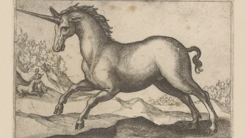 رسم قديم لوحيد القرن الأسطوري يظهره في مشهد طبيعي مع رجل صغير في الخلفية، يعكس تصورات العصور الوسطى عن المخلوقات الخرافية.