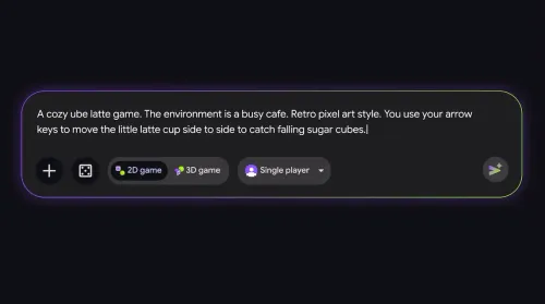 واجهة منصة Google Playground لإنشاء ألعاب فيديو عبر الذكاء الاصطناعي مع خيارات اختيار نوع اللعبة وعدد اللاعبين ووصف نصي لتوليد اللعبة.