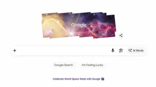 شعار Google متحول إلى مشهد سديم برعم الوردة الوردي المضيء، احتفالاً بأسبوع الفضاء العالمي 2026 وتلسكوب جيمس ويب.