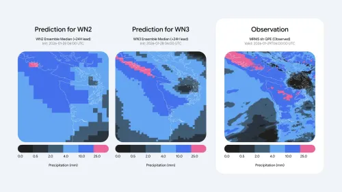 مقارنة خرائط هطول الأمطار بين نموذج WeatherNext 2 وWeatherNext 3 وبيانات الرصد الحقيقية توضح دقة التنبؤ المحسنة باستخدام الذكاء الاصطناعي.