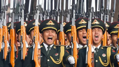 جنود صينيون يرتدون زيًا رسميًا، يرفعون أسلحتهم ويهتفون خلال عرض عسكري، مما يعكس القوة العسكرية المتزايدة للصين في ظل التوترات العالمية.