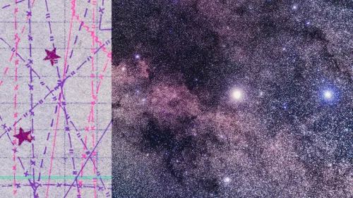 خريطة مسار ملاحي بالذكاء الاصطناعي لمهمة Fermi Explorer نحو نظام Alpha Centauri مع خلفية لسماء مرصعة بالنجوم.
