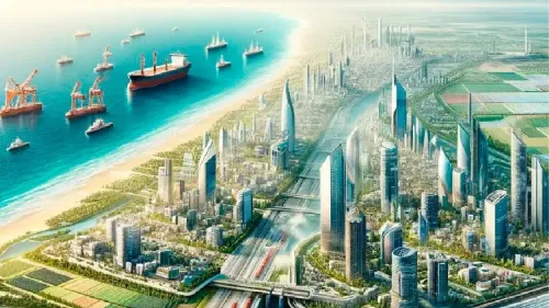 تصميم تخيلي لمدينة مستقبلية في غزة، يظهر ناطحات سحاب زجاجية وميناء، يعكس رؤية اقتصادية جديدة تتجاهل الثقافة الفلسطينية.