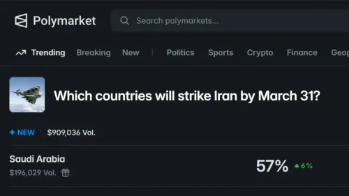 واجهة موقع "Polymarket" تعرض رهانًا حول الدول التي ستهاجم إيران بحلول 31 مارس، مع تفاصيل عن حجم الرهانات ونسبة الاحتمالات.