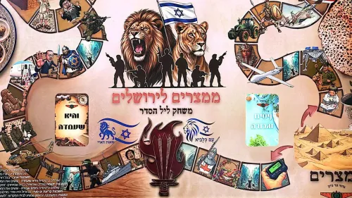 لعبة لوحية تحمل عنوان "من مصر إلى القدس"، تتضمن رموزًا دينية وعسكرية، وتدعو اللاعبين للسير نحو الهيكل.