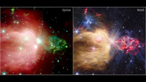 سديم NGC 7129 يظهر مقارنة بين صور تلسكوب سبايتزر وتلسكوب جيمس ويب بالأشعة تحت الحمراء، مع تفاصيل دقيقة للنجوم الوليدة والغازات الكونية.
