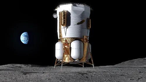 مركبة هبوط فضائية من Blue Origin على سطح القمر مع ظهور الأرض في الخلفية، تعكس تطلعات الشركة في استكشاف الفضاء وتطوير تقنيات القمر.
