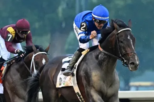 حصان "سوفرينتي" في سباق، يظهر الفارس يرتدي زيًا أزرق، بينما يتقدم على خيول أخرى، مما يعكس المنافسة في سباق بريدرز كب.