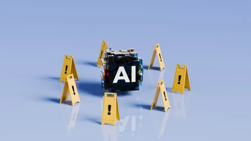 مكعب ثلاثي الأبعاد يحمل حروف AI محاط بلافتات تحذير صفراء، يرمز إلى نقاش الوعي الذاتي والمخاطر المحتملة للذكاء الاصطناعي.