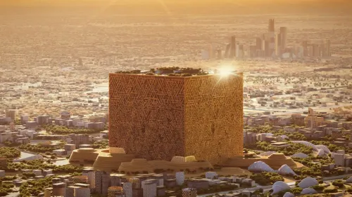 مشروع المكعب في الرياض، مبنى عملاق بتصميم فريد، تم تعليق بنائه مؤقتًا لإعادة تقييم جدواه المالية.