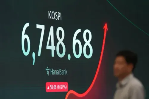 مؤشر كوسبي الكوري الجنوبي يظهر ارتفاعاً بنسبة 0.87% إلى 6748.68 نقطة مع رسم بياني صاعد يعكس تحسن الأسواق الآسيوية.