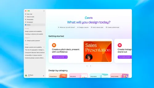 واجهة Canva داخل ChatGPT تظهر خيارات تصميم عروض تقديمية وكتب صور مع تنظيم الإضافات في الشريط الجانبي لتعزيز الإنتاجية.