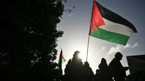 مجموعة من الأشخاص يحملون علم فلسطين خلال مظاهرة، مع أشعة الشمس خلفهم، تعبيرًا عن التضامن مع القضية الفلسطينية.