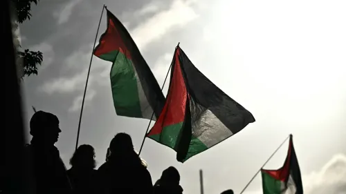 أعلام فلسطينية ترفرف في الهواء خلال احتجاج، مع silhouettes لمتظاهرين في الخلفية، تعبيراً عن دعم القضية الفلسطينية.
