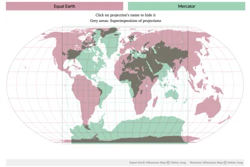 خريطة توضح الفرق بين إسقاط Equal Earth الذي يحافظ على نسب المساحات الحقيقية، وإسقاط Mercator الذي يشوه حجم القارات خاصة في المناطق البعيدة عن خط الاستواء.