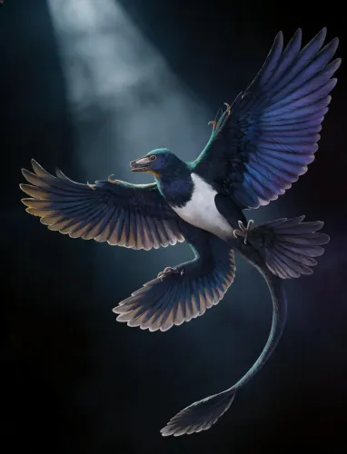 ديناصور رباعي الأجنحة Norellraptor barsboldi الطباشيري الصغير بأجنحة وريش أزرق وأسود، يعكس تطور الطيران المستقل عند الميكرورابتور.