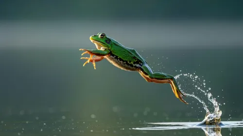 ضفدع أخضر يقفز فوق الماء، يلهم تصميم روبوت صغير يستخدم تخزين الطاقة الميكانيكية للحركة القوية والمتكررة.