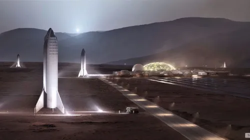 مركبات Starship العملاقة متوقفة على سطح المريخ في مشهد ليلي يُظهر مستعمرة فضائية مستقبلية مع قباب ومركبات صغيرة، تعكس طموحات SpaceX لاستعمار الكوكب الأحمر.