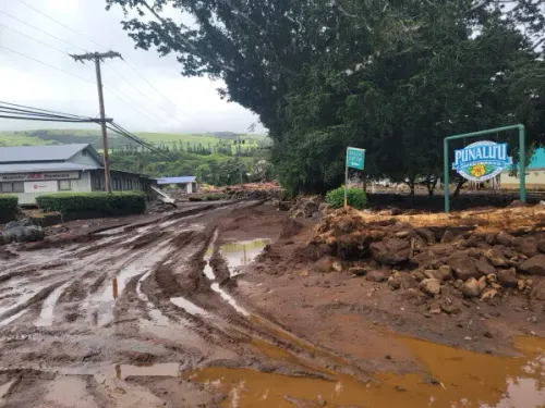 طريق موحل ومتضرر في جزيرة Big Island بهاواي بعد إعصار Lala مع علامات تشير إلى الأضرار الناتجة عن الفيضانات والانزلاقات.