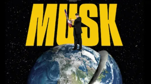 شخص يقف على الكرة الأرضية ممسكًا بمضرب بيسبول أمام خلفية فضائية مع كلمة "Musk" باللون الأصفر، تعبيرًا عن فيلم وثائقي عن إيلون ماسك.