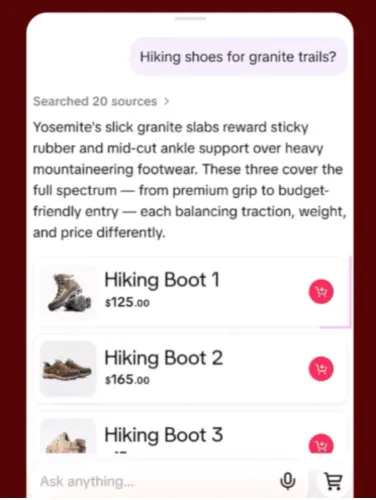 واجهة مساعد تسوق TikTok بالذكاء الاصطناعي تعرض خيارات أحذية تنزه مع الأسعار وإمكانية الشراء بنقرة واحدة داخل التطبيق.