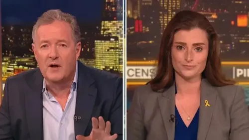 محادثة متوترة بين بيرس مورغان وناتاشا هاوسدورف حول مزاعم الإرهاب في غزة، تعكس الجدل حول الصراع الإسرائيلي الفلسطيني.