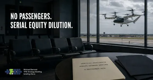 طائرة كهربائية عمودية الإقلاع والهبوط تحلق خارج نافذة مطار، مع مكتب اجتماعات شركة Vertical Aerospace ومقاعد انتظار فارغة تعكس تحديات التمويل وسوق الطيران الجديد.
