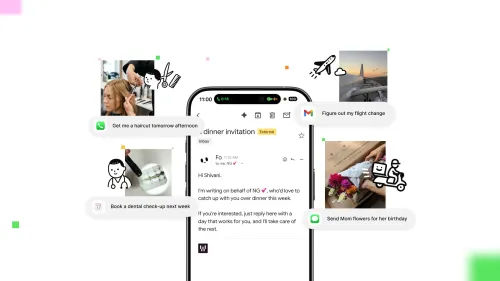 هاتف ذكي يعرض واجهة وكيل رقمي Fo من Wajo مع مهام مثل حجز موعد، تغيير رحلة طيران، وإرسال هدايا، يبرز أمان وثقة الوكيل الشخصي.