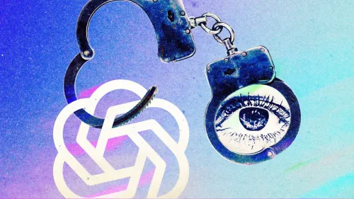 شعار OpenAI مرفق بأصفاد معدنية تحمل عينًا، يرمز إلى قضايا الأمان والاختراقات المتعلقة بالذكاء الاصطناعي والتحديات القانونية.