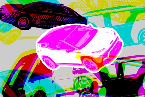 تصميم فني لسيارات حديثة يعكس جمع البيانات ومشاركتها مع شركات إعلانات وتتبّع وتأثيرها على خصوصية السائقين.