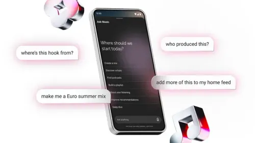 هاتف يعرض واجهة ميزة Ask Music الجديدة على يوتيوب ميوزيك مع أمثلة لأسئلة مستخدمين حول الموسيقى والبودكاست باستخدام الذكاء الاصطناعي.