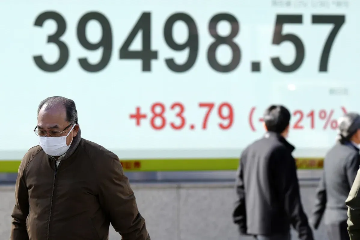 ارتفاع مؤشر نيكاي 225 الياباني إلى 39498.57 بعد زيادة نسبتها 0.21%، مع وجود أشخاص يرتدون الكمامات في الخلفية.