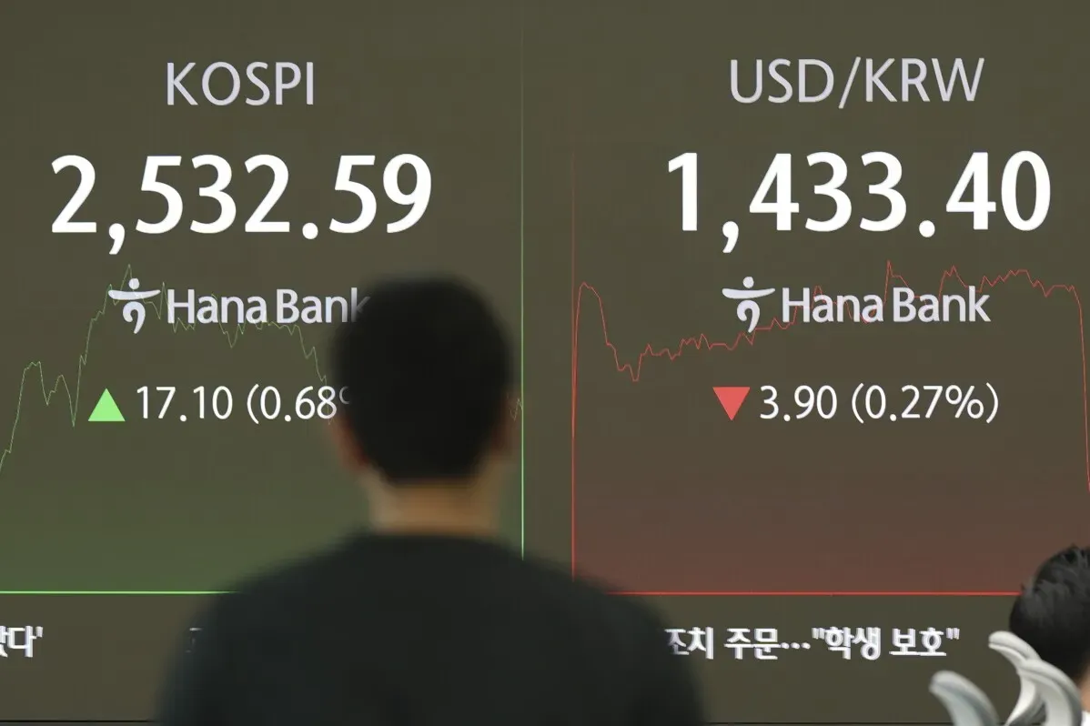 مستثمر ينظر إلى شاشة تعرض مؤشرات الأسهم، مع ارتفاع مؤشري كوسبي والدولار مقابل الوون الكوري، مما يعكس تحركات السوق الإيجابية.