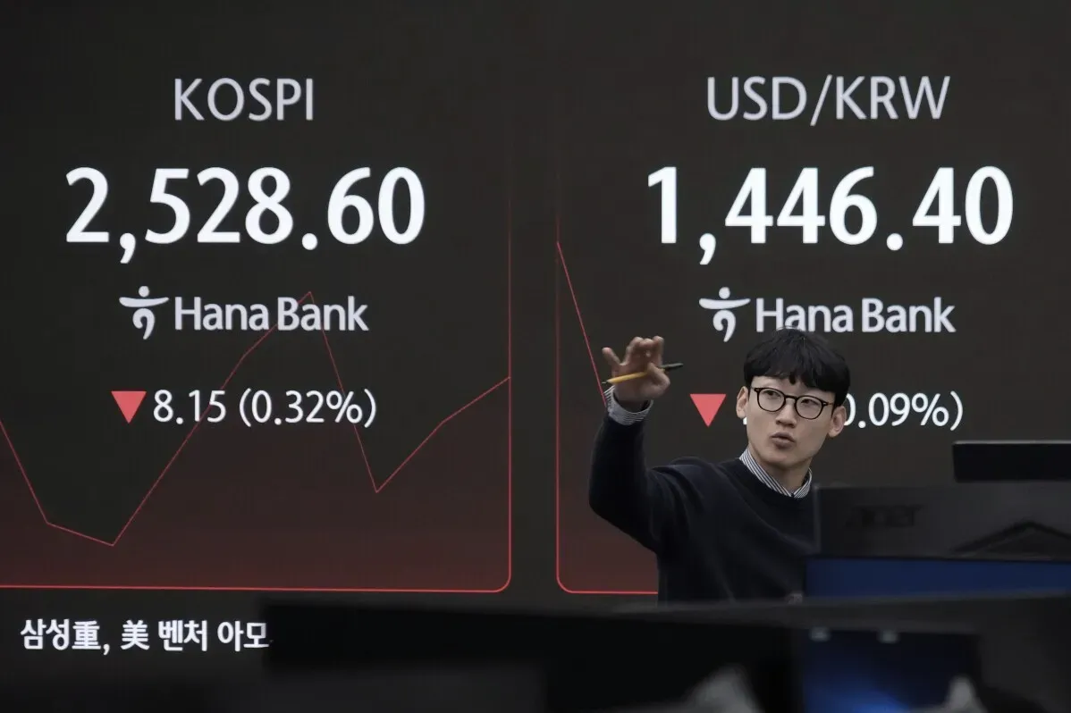 متداول يشير إلى مؤشرات الأسواق المالية مثل كوسبي وسعر صرف الدولار مقابل الوون الكوري في شاشة عرض.