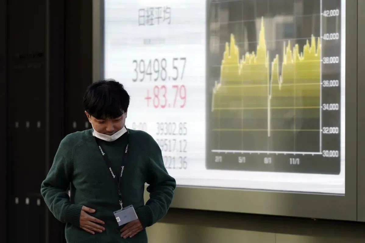 ارتفاع مؤشر نيكاي 225 في طوكيو إلى 39,498.57، مع زيادة قدرها 83.79، وشخص يرتدي قناعًا يقف أمام شاشة تعرض البيانات الاقتصادية.