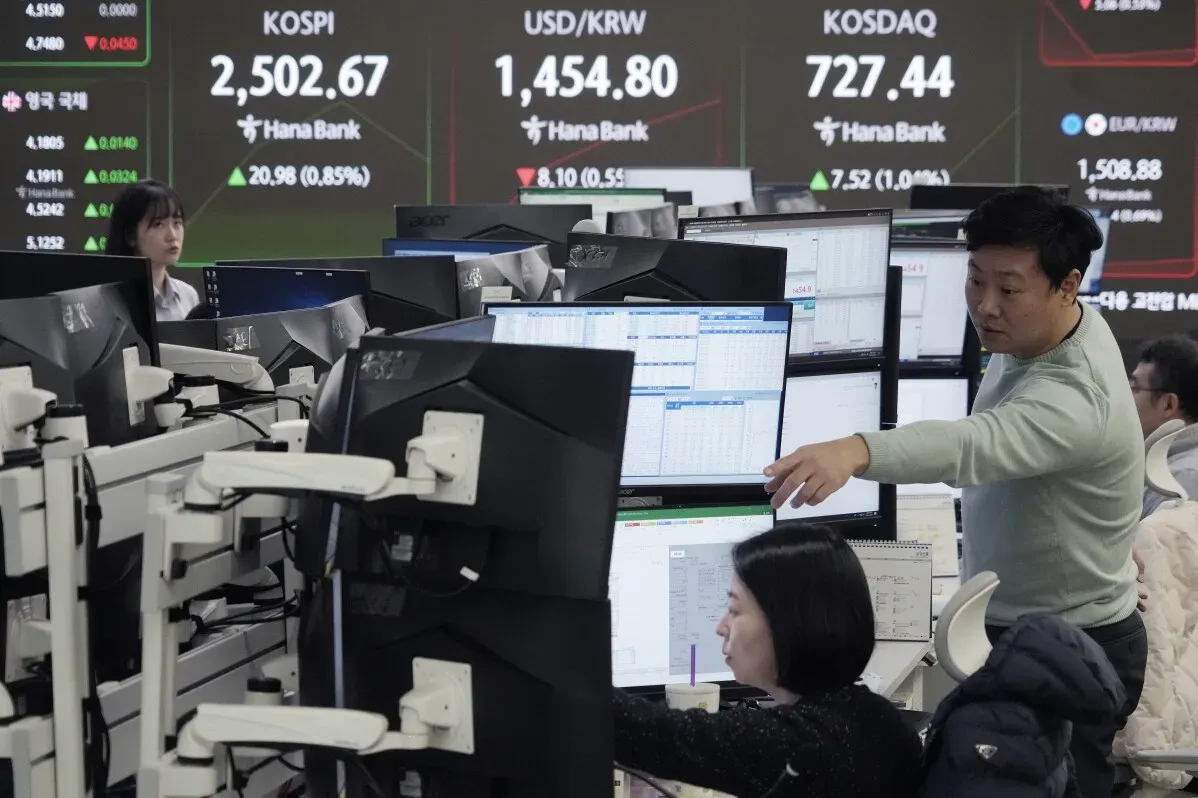 متداولون في غرفة تداول الأسهم مع شاشات تعرض مؤشرات السوق مثل KOSPI وUSD/KRW، في سياق تباين الأسواق العالمية وتأثير الرسوم الجمركية.