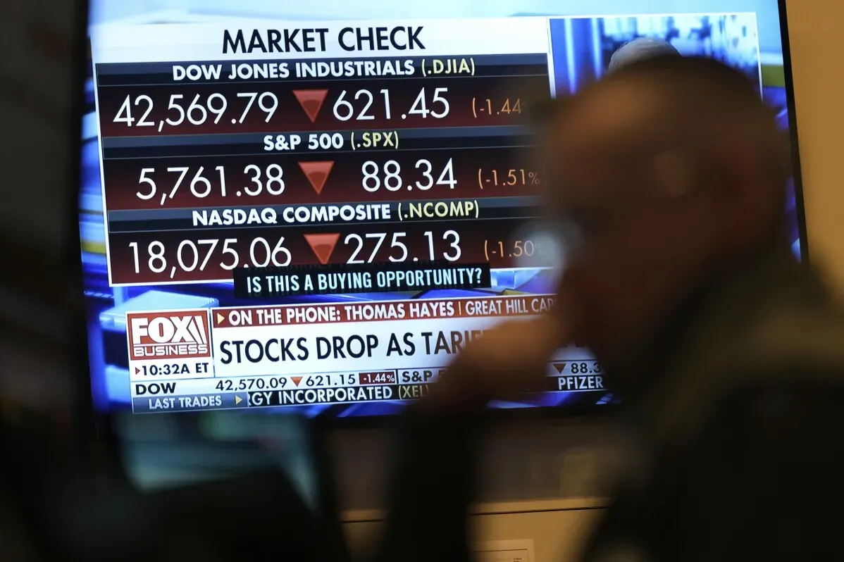 شاشة تعرض بيانات سوق الأسهم مع انخفاض مؤشرات داو جونز وS&P 500 وناسداك، وسط تزايد المخاوف من الرسوم الجمركية.